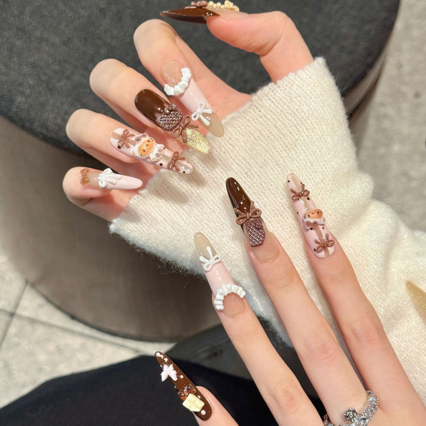 Cocoa Ribbon press-on nail set, view 1