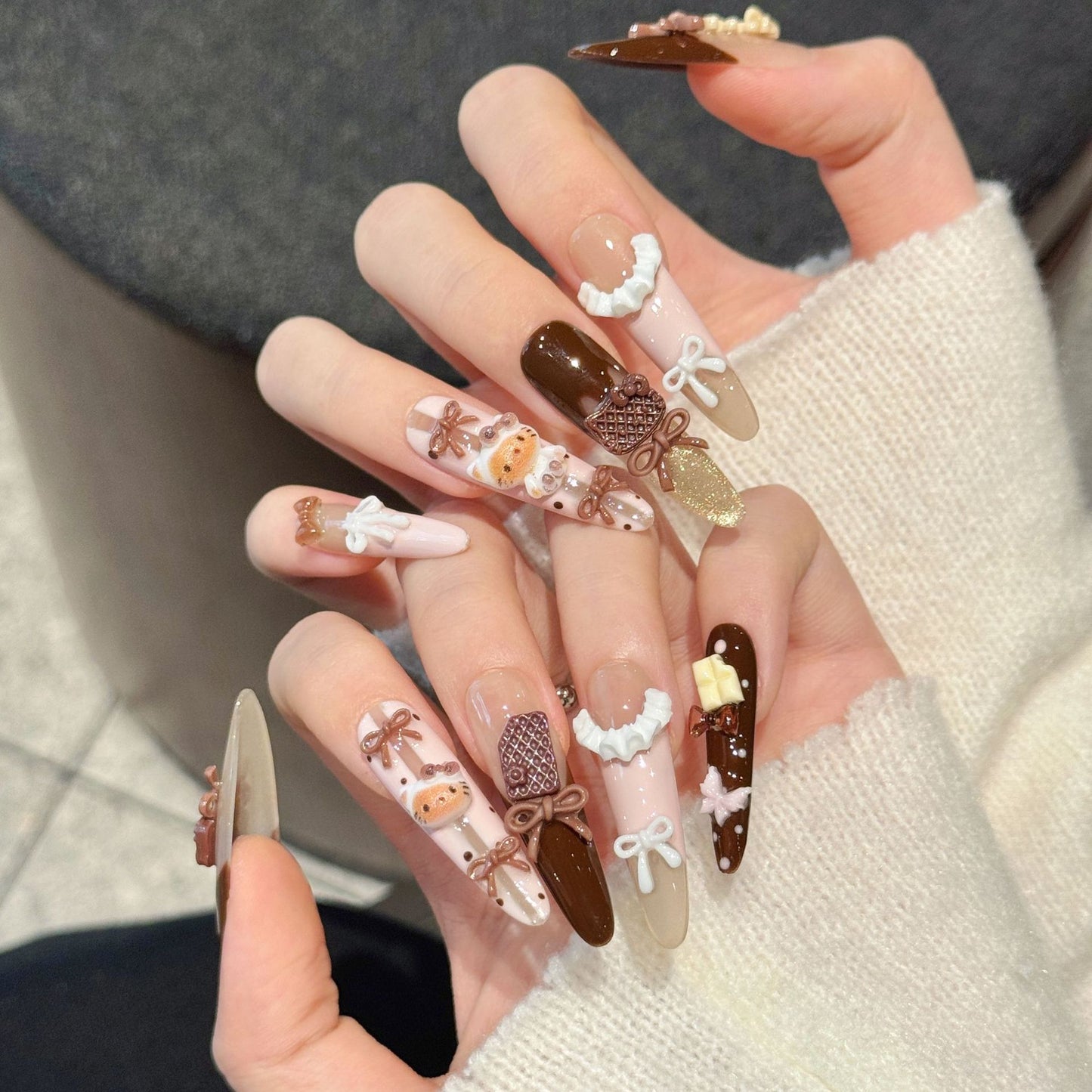 Cocoa Ribbon press-on nail set, view 2